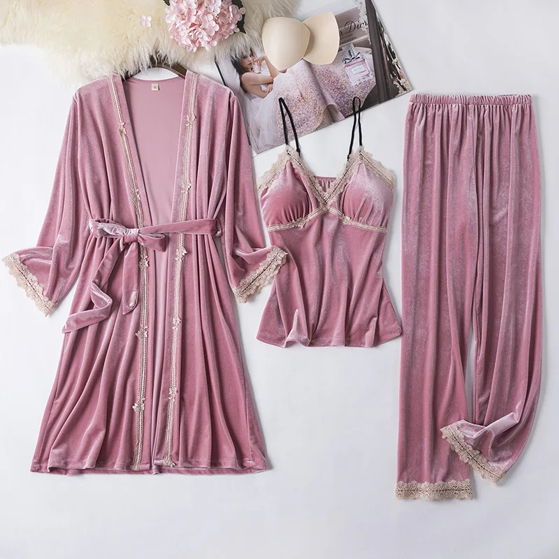Jeseni, Pozimi Velur Pižamo Nastavite 3PCS Sleepwear Seksi Proti-vrat More Priložnostne kopalni plašč Čipke Trim Mozaik Pižame Ženske, Homewear