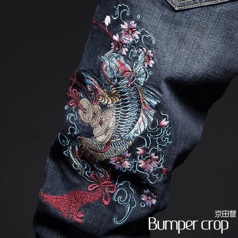 BUMPERCROP vezenje Ribe hip hop kavbojke moški oblačila redni brezalkoholnih denim ulične cvet kavbojke Japonske modre hlače 2020 kavbojke