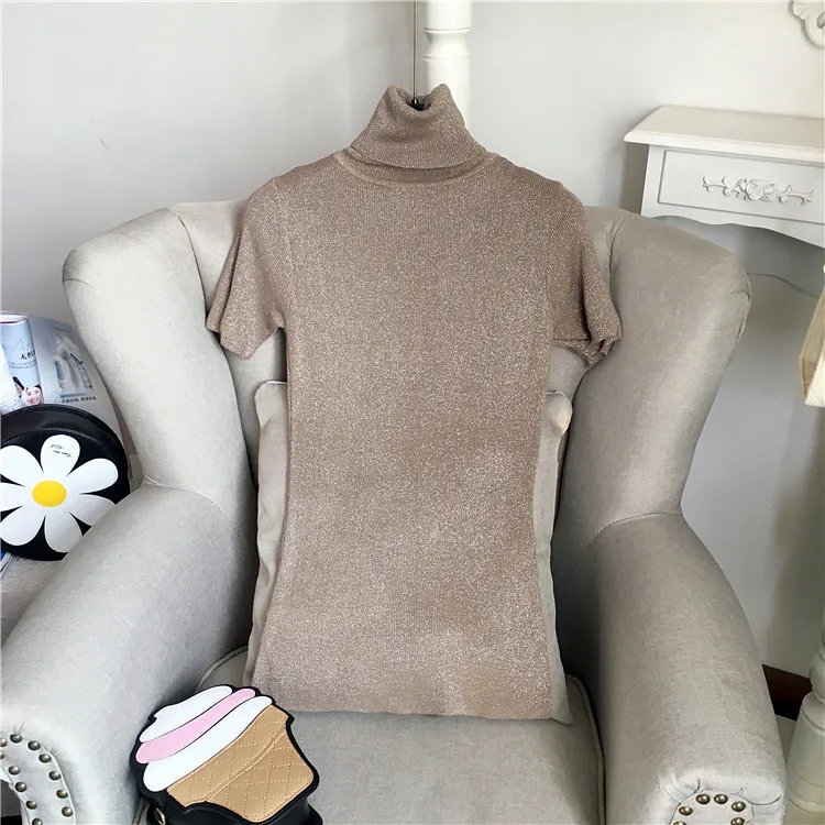 Svetlo svileno turtleneck plesti t-shirt pulover z dolgimi rokavi ženske 2017 nove zimske slim sijoče varnostno srebro majica