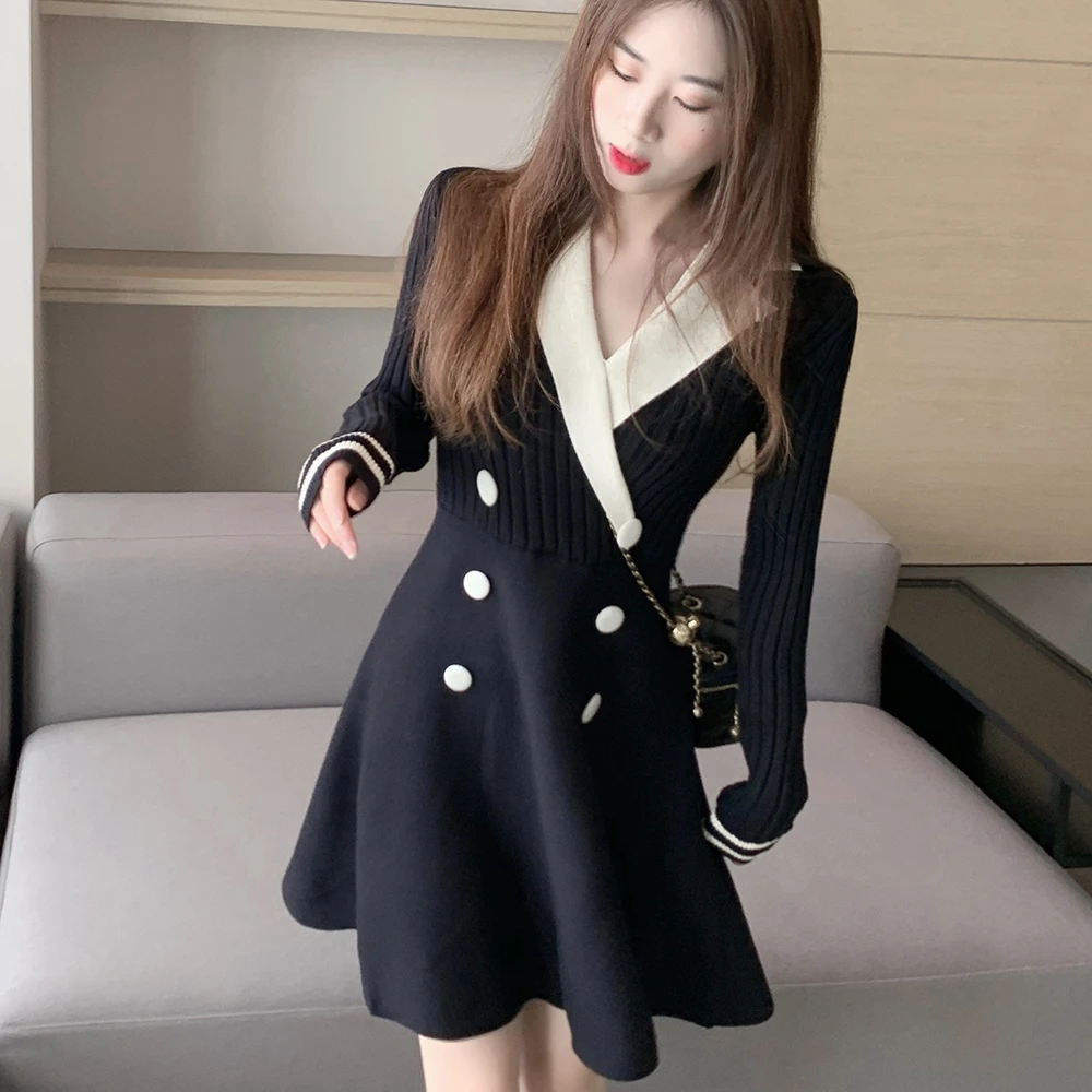 Dvojno Zapenjanje Pletena Mini Obleka z Dolgimi Rokavi Pulover Vestidos Črto Pozimi v Vratu Letnik Elegantno Črno korejski Jeseni Leta 2020 Robe