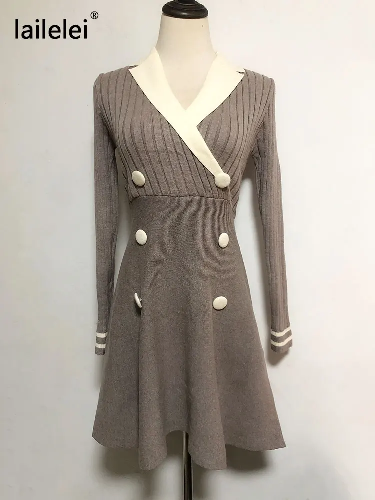 Dvojno Zapenjanje Pletena Mini Obleka z Dolgimi Rokavi Pulover Vestidos Črto Pozimi v Vratu Letnik Elegantno Črno korejski Jeseni Leta 2020 Robe