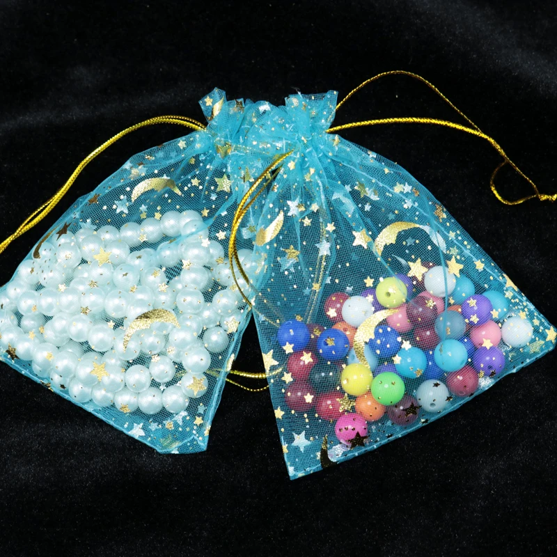 100 kozarcev 9x12cm Drawable Organza Vrečke Star Moon Lake Modro barvo Poroke Božično Darilo Vrečko Nakit Embalaža Vrečke Mošnje