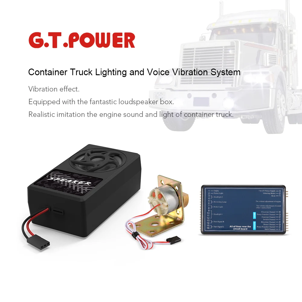 GT POWER Container Truck Razsvetljavo in Glas Vibracij, Sistem za RC avtomobili, tovornjaki
