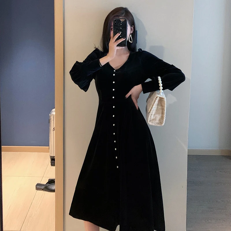 Temperament Ženski Elegantni Črni Obleke, Ženske Modni Dolg Rokav Francoski Design Slim Line Gumb V Vratu Dolgo Obleko 1520