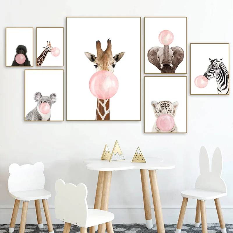 Baby Živali Udarec Mehurčki Plakat Nordijska Žirafa, Lev, Tiger Vrtec Wall Art Platna Slike Za Otroke, Soba Dekoracijo Doma Dekor