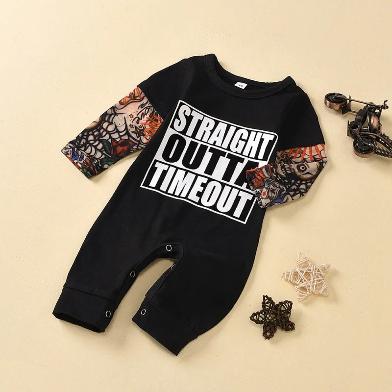 Nov Prihod Jeseni V Modi Malčke Baby Fantje Tatoo Tiskanja Dolg Rokav Črke Romper Jumpsuit Otroci Obleke