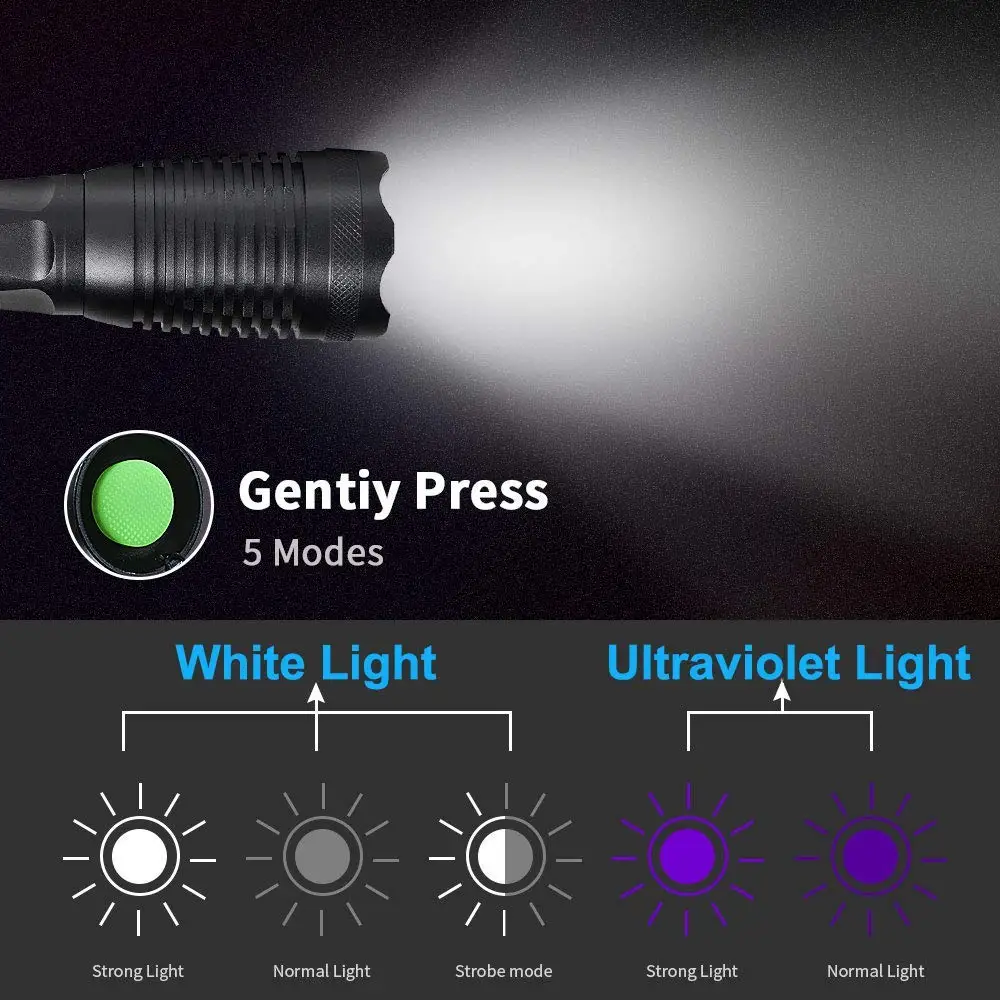 Multi-funkcijo UV + bela LED svetilka 5 načini zoom vodotesno svetilko obleko za noč razsvetljavo, pet urina odkrivanje, itd.