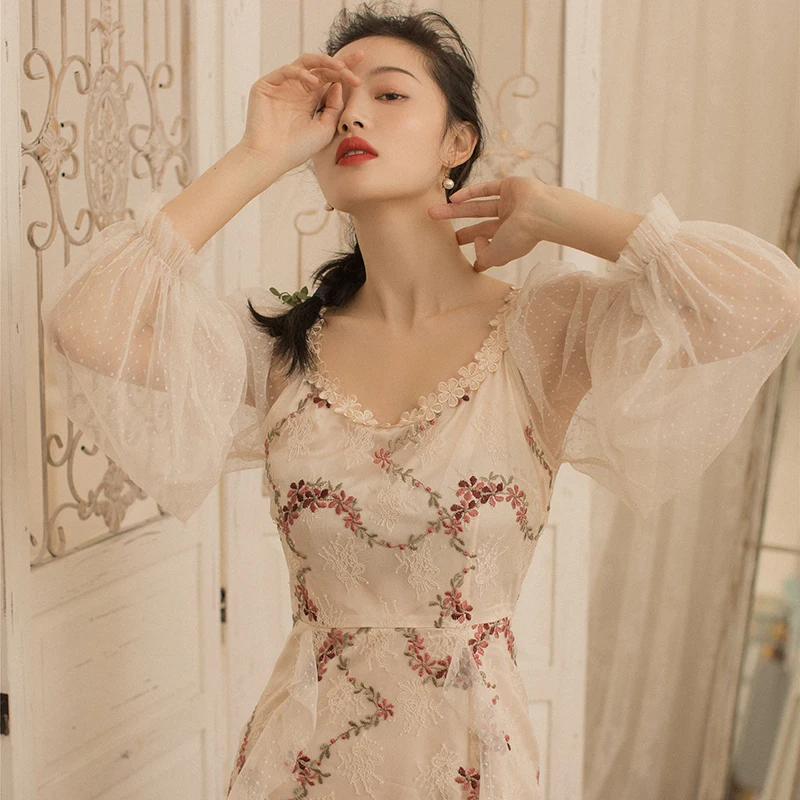 2019 nove modne ženske obleke Letnik francoščina sladko vezenje obleko