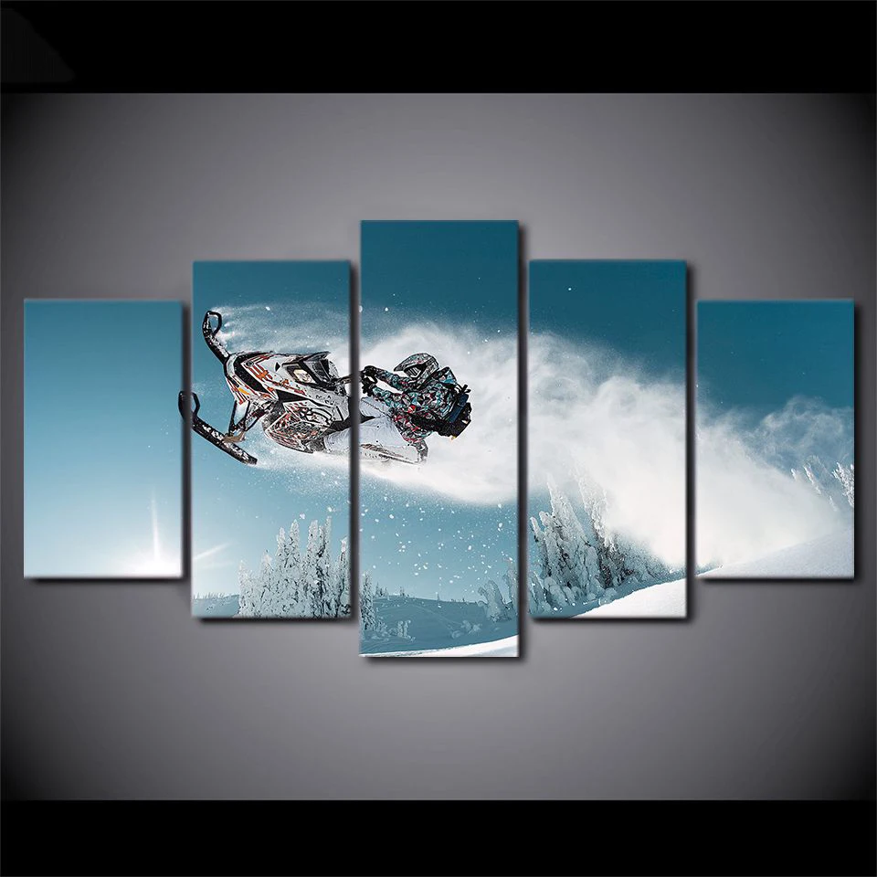 Platno Slikarstvo Sliko Wall Art Doma Dekoracijo 5 Plošči Snowmobiling Krajine Za dnevno Sobo, Moderno Tiskanje Tip YGYT