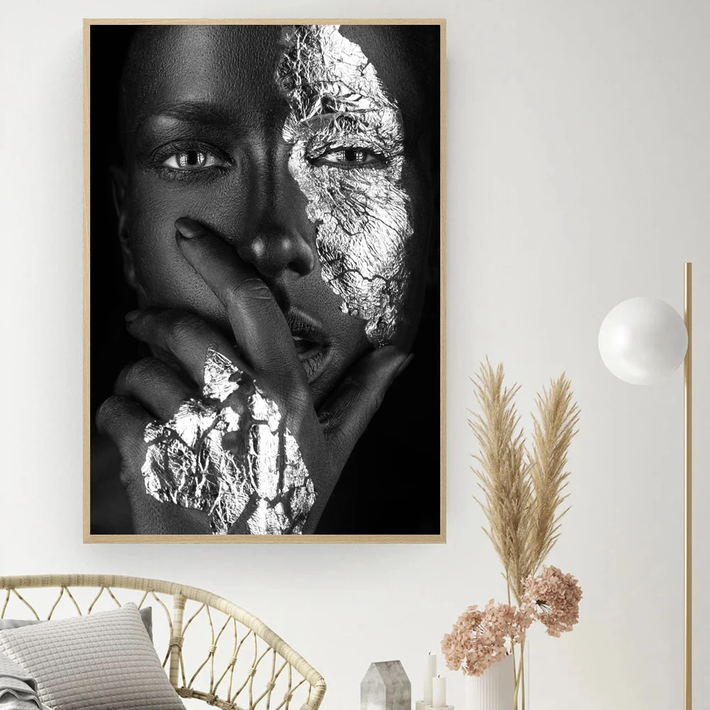Črna Srebrna Golih Afriške Umetnosti Ženska Slikarstvo na Platno Cuadros Plakat in Tiskanje Skandinavskih Stenske Slike za Dnevna Soba Dekor