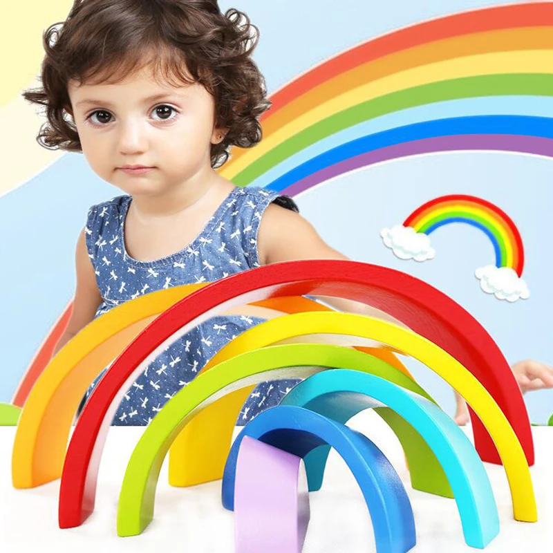 Montessori Izobraževalne Lesene Senzorično Igrače Za Otroka Mavrica Oblike Multicolor Puzzle Vzgojne Igrače Povečanje Otrok Domišljijo