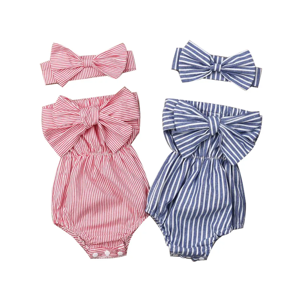 Najnovejši Modni Newborn Baby Girl Obleke Off Ramenski Bowknot Prugasta Bodysuit Jumpsuit Glavo 2Pcs Obleke Set