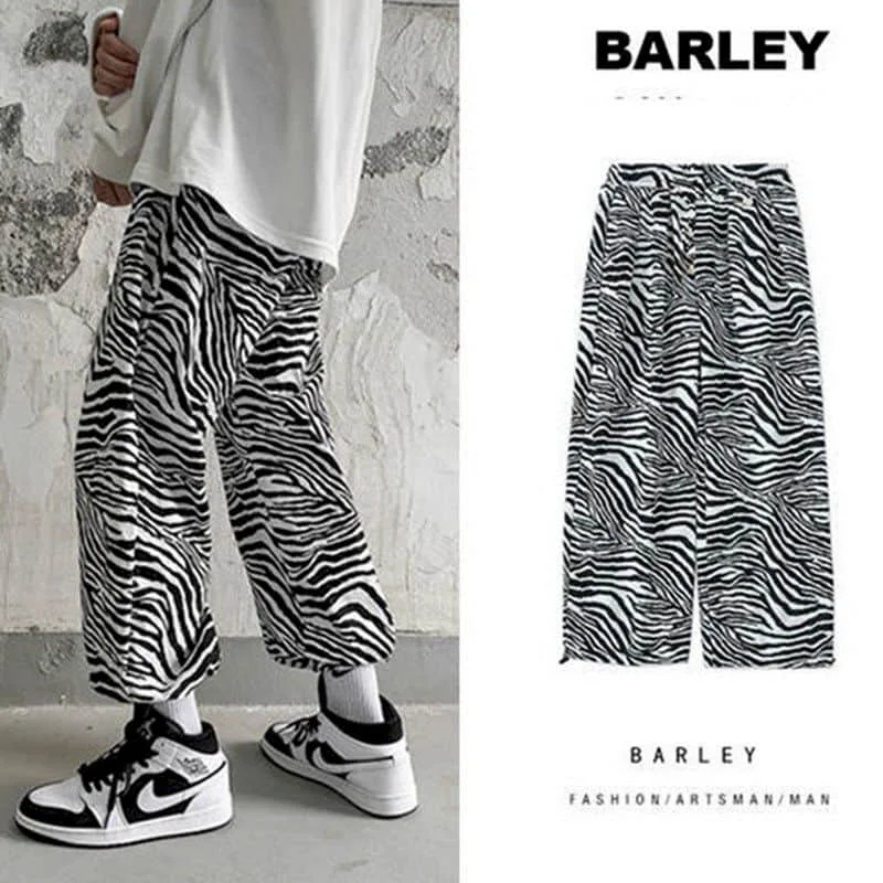 Celotno tiskanja zebra vzorec priložnostne hlače za moške spomladi in jeseni nov slog korejski svoboden devet-točka hlače priložnostne hip hop hlače