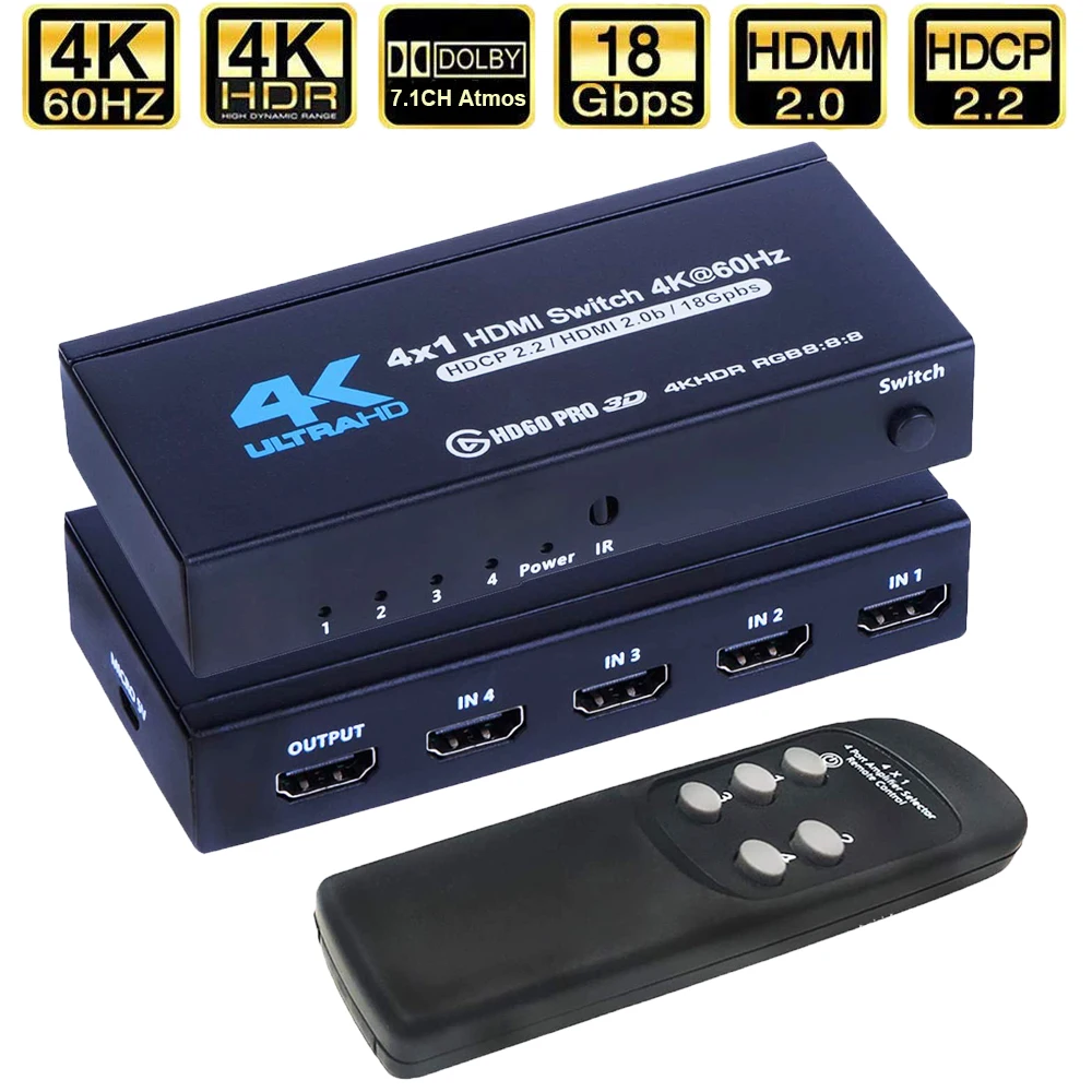 2020 Najboljše 4K HDMI Switch 2.0 Podpora RGB 4:4:4 HDR HDMI Switch 4K 60Hz HDMI 2.0 Stikalo Remote IR UHD 4 Vrata HDMI Preklopnik Switch