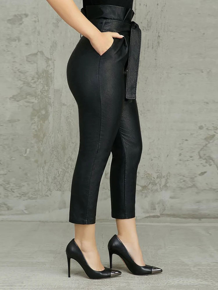 Ženska Moda Plus Velikost 2XL Priložnostne Pocket Design Suh Gleženj-Dolžina Hlače OL Posladek Visoko Pasu Obavijen PU Svinčnik Hlače