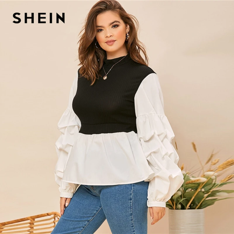 SHEIN Plus Velikost Zbrali Rokav Mešani Mediji 2 V 1 Peplum Vrh Ženske Jeseni Visoko Vratu Ruffle Robom Priložnostne Plus Bluze