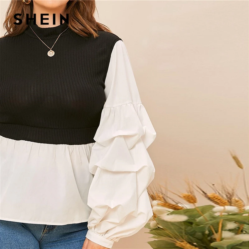 SHEIN Plus Velikost Zbrali Rokav Mešani Mediji 2 V 1 Peplum Vrh Ženske Jeseni Visoko Vratu Ruffle Robom Priložnostne Plus Bluze