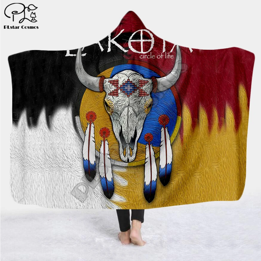 Plstar Kozmos Black Materni Indijski Lakota Lobanje Hooded Odejo 3D full tiskanja Nosljivi Odejo Odrasli moški ženske slog-12