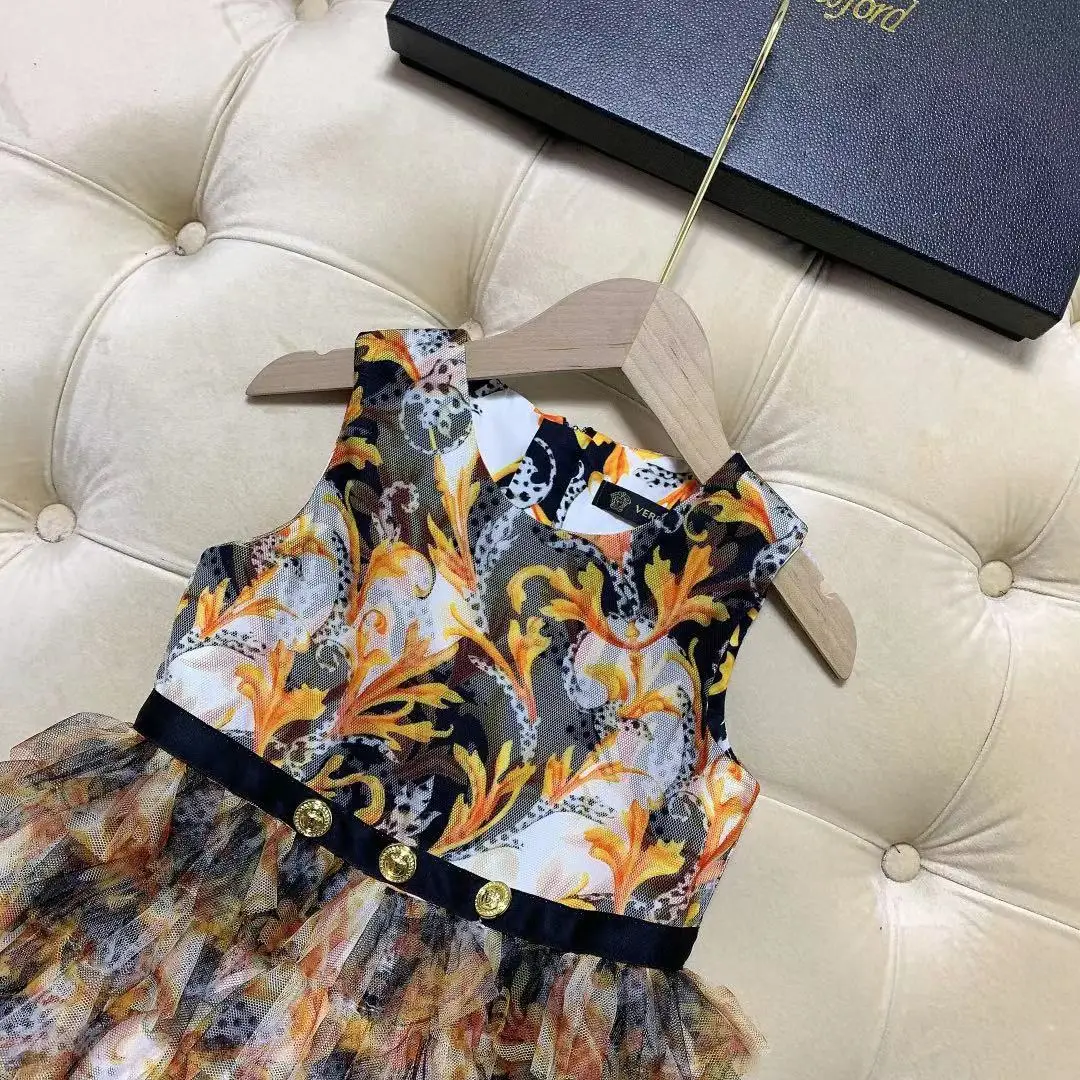 High-end otroška oblačila dekleta otroška krila 2021 poletje nov slog tujih šifon brez rokavov natisnjeni obleko