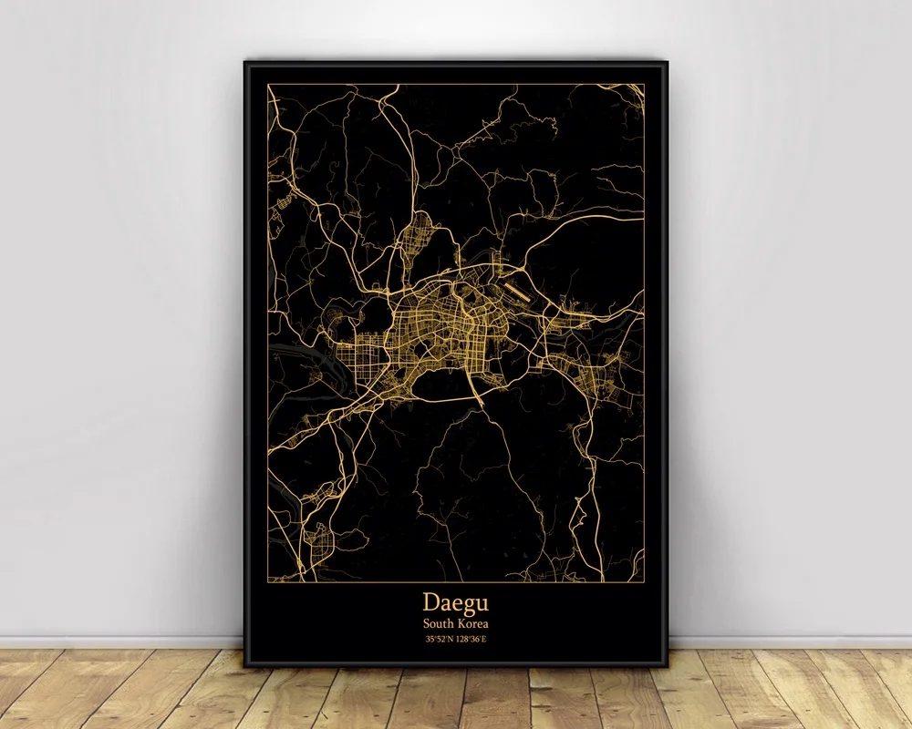Daegu Južna Koreja Black&Gold City Light Zemljevidi Po Meri Svetovni Zemljevid Mesta Plakat Platno Natisne Skandinavski Slog Wall Art Dom Dekor