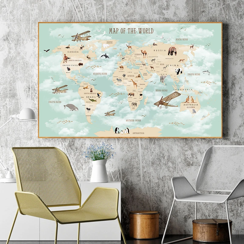 Pisane Živali Letalo Svetovni Zemljevid, Platno Slikarstvo Plakatov in Fotografij Wall Art Slike Cuadros za Otroci Soba Dekor Brez Okvirja