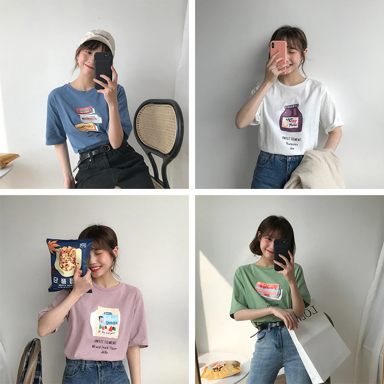 4 barve Ženske majice 2019 japonski slog poletje risanka tiskanja Kratek Rokav tee shirt femme Vse-tekmo Priložnostne Vrhovi (F3657)
