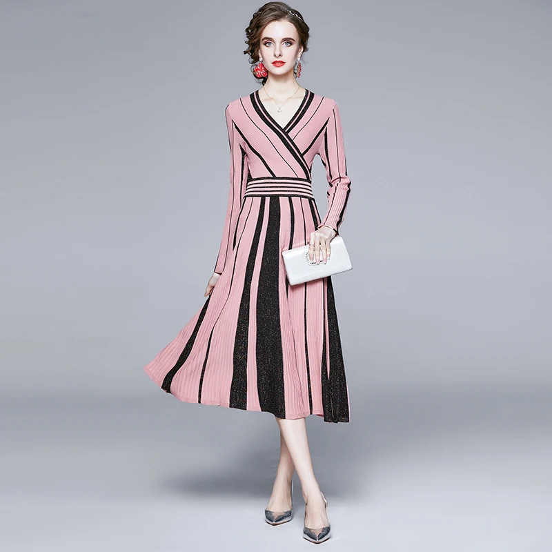 Moda Trak Naguban Pleteno Obleko Eleganten Pulover Ženske Zimske Obleke, Puloverji Roza Dolg Rokav Jeseni Midi Vestido 2020