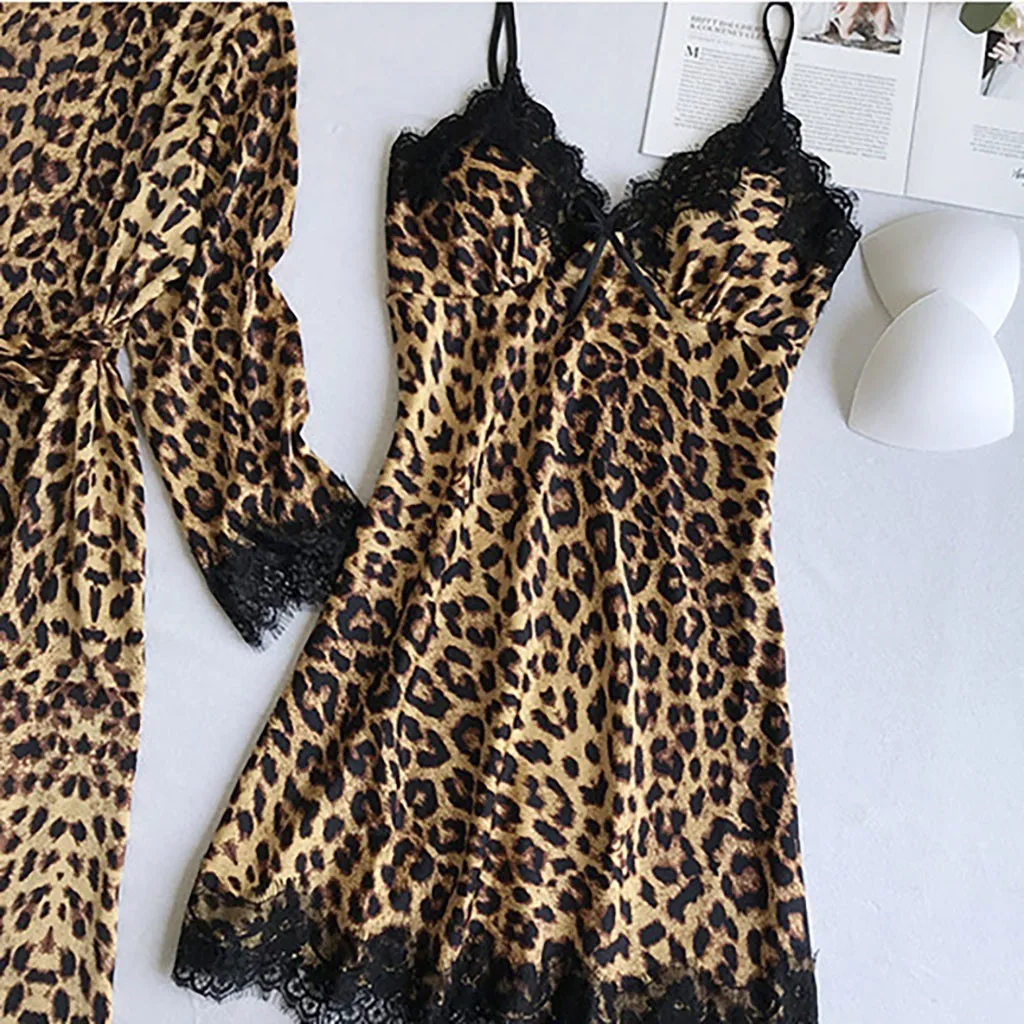 пижама Ženske pižame nastavite seksi leopard tiskanja saten noč obleke suspender nightdress suspender hlače boutique seksi pajama F04