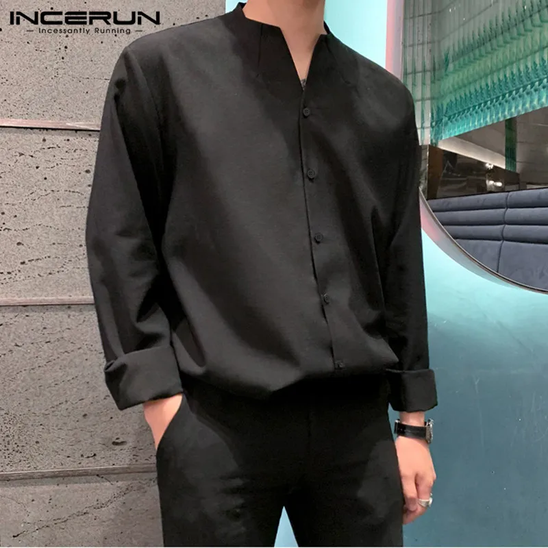 INCERUN 2021 Modni Moški Barva Majica Dolg Rokav V Vratu Ulične Gumb Priložnostne Bluzo korejskem Slogu Elegantne Srajce Camisas