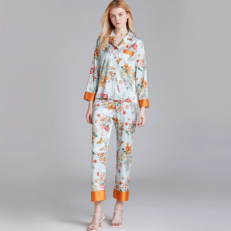Ustvarjanje 101 Ledu svileno pižamo dame poletje tanke slog svile natisnjeni dolgo sleeved domov nositi obleko