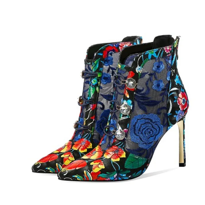 Nacionalni retro slogu, vezenih čevlji konicami prstov visoko peto očesa votlih čevlji poletje dihanje stiletto škornji ženske