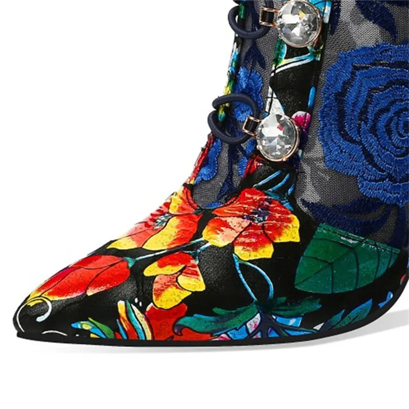 Nacionalni retro slogu, vezenih čevlji konicami prstov visoko peto očesa votlih čevlji poletje dihanje stiletto škornji ženske