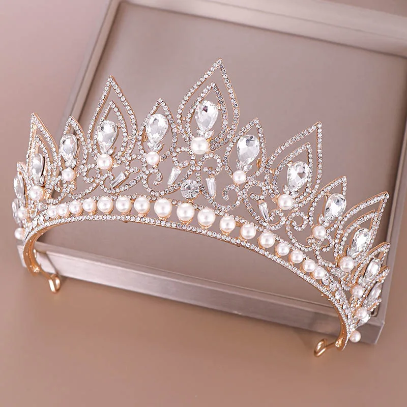 Baročno Razkošje Spusti Oblike Kristalov Crown Princess Birthday Party Imitacije Pearl Tiaras Pokrivala Poročne Poroko Lasnih Dodatkov