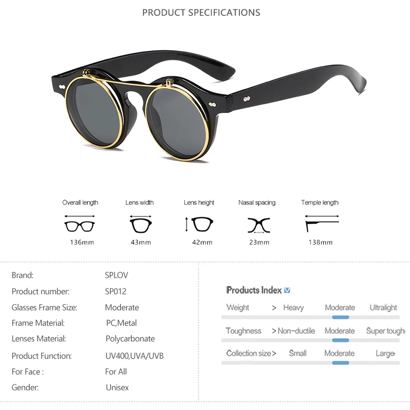 Moda Krog Steampunk Flip Up sončna Očala Moški Ženske Letnik Dvojno Plast Objektiv Načrt Klasična Očala za Sonce Oculos De Sol UV400