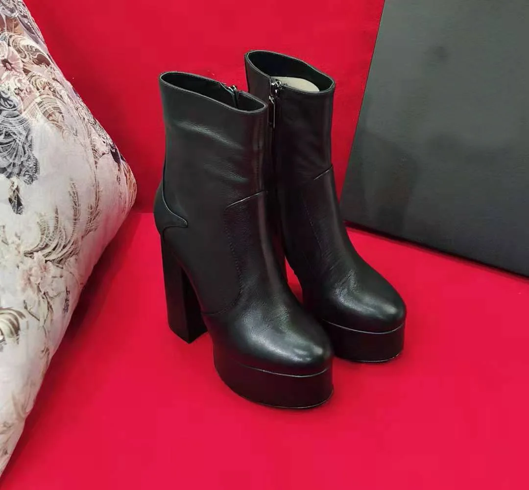 Ženske Čevlje Parizu Billy Škornji Črni Pravega Usnja Platformo Gleženj Škornji