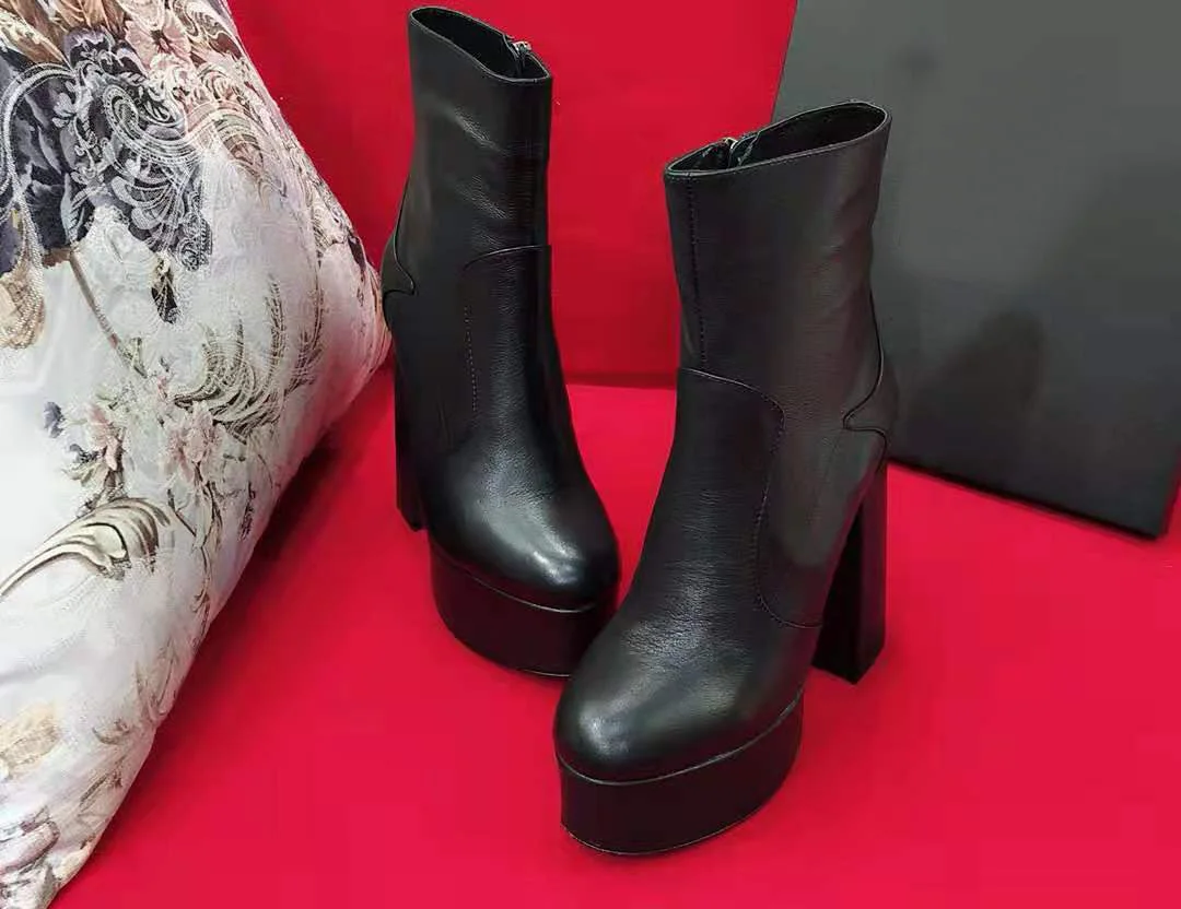 Ženske Čevlje Parizu Billy Škornji Črni Pravega Usnja Platformo Gleženj Škornji