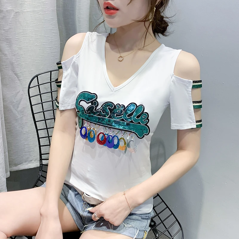 Poletje korejski Oblačila T-shirt Fashion Sexy Off Ramenski Ženske Vrhovi Ropa Mujer Kratek Rokav Bombaž Sequins Tees 2020 Novo T04009
