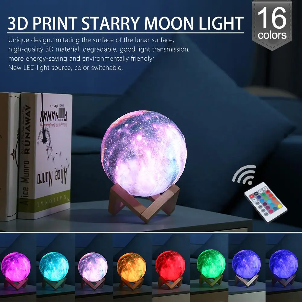 3D Tiskanje Zvezdnato Nebo Zvezda, Luna Lučka Pisane 16 Sprememba Barve Dotik Vklop Nočnega Svetlobe Doma Dekor z Leseno Držalo