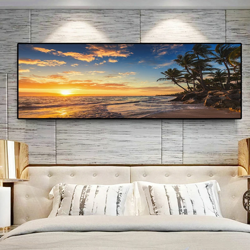Sončni zahodi Naravno Morsko Plažo Kokosovih Palm Krajine Wall Art Slike, Barvanje Sten Umetnosti za Dnevni Sobi Doma Dekor (Brez Okvirja)