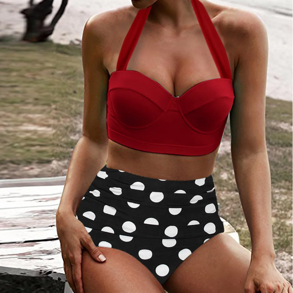 Polka-dot zanko visoko pasu dvodelne kopalke Konzervativno Split Bikini Kopalke Ženske Retro Beachewear traje de ba o mujer