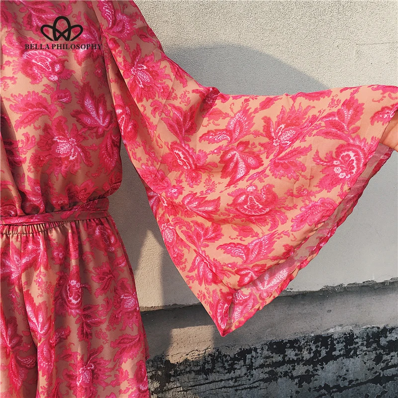 Bella Filozofija 2020 ženske poletje plaža nazaj odprt rose pink tiskanja flare dolg rokav šifon jumpsuit igralne obleke lok kravato