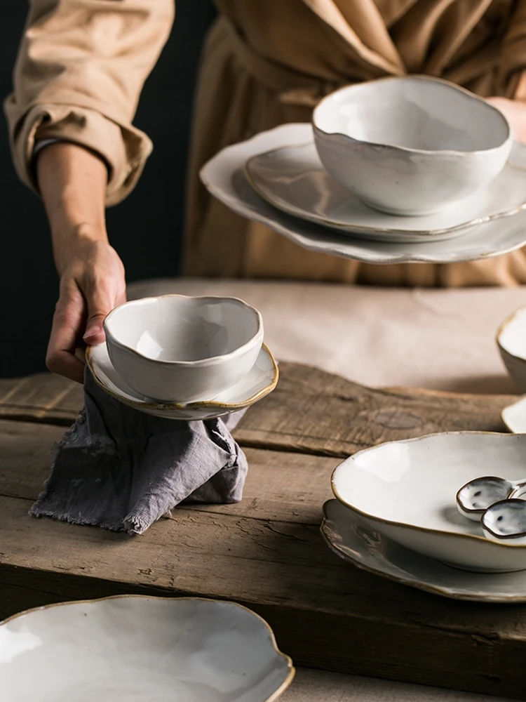 ANTOWALL Skandinavski slog nezakonitih kremasto bela z zlato podrobno riž, solata sklede in tablice jed plitvo posodo ploščo gospodinjstvo