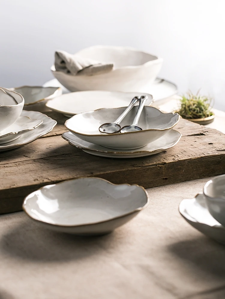 ANTOWALL Skandinavski slog nezakonitih kremasto bela z zlato podrobno riž, solata sklede in tablice jed plitvo posodo ploščo gospodinjstvo