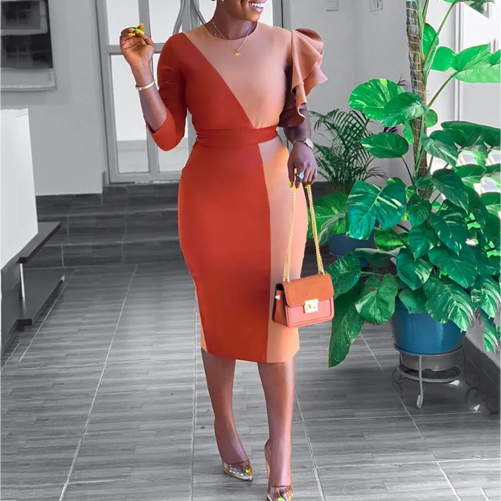 Oranžna Ruffles Ženske Obleko Elegantno Afriški Stil Večerjo Obleke Haljo 2019 Mozaik Naravnost Tulec Obleko Ženski Vestiods
