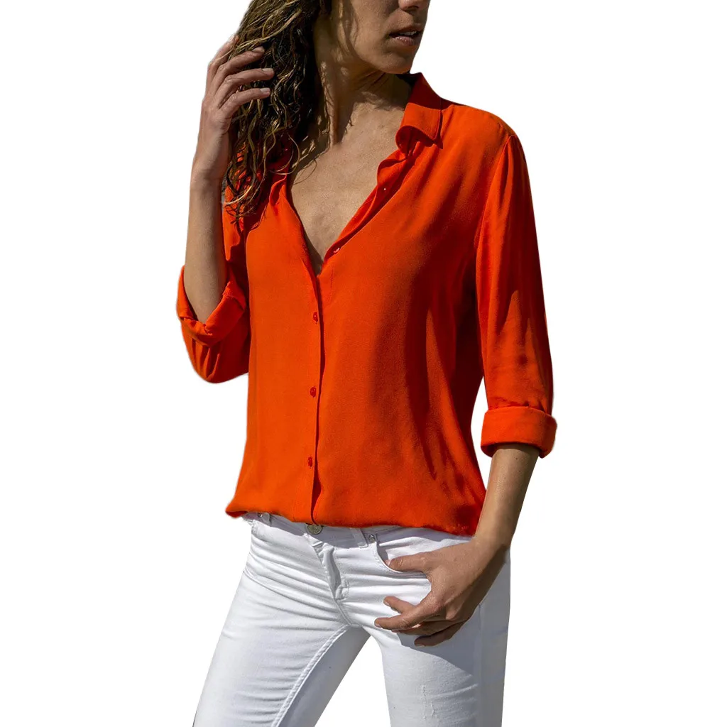 Ženske barva dolgo sleeved gumb šifon majica river priložnostne moda novo pomlad in jesen majica Vrhovi ##40