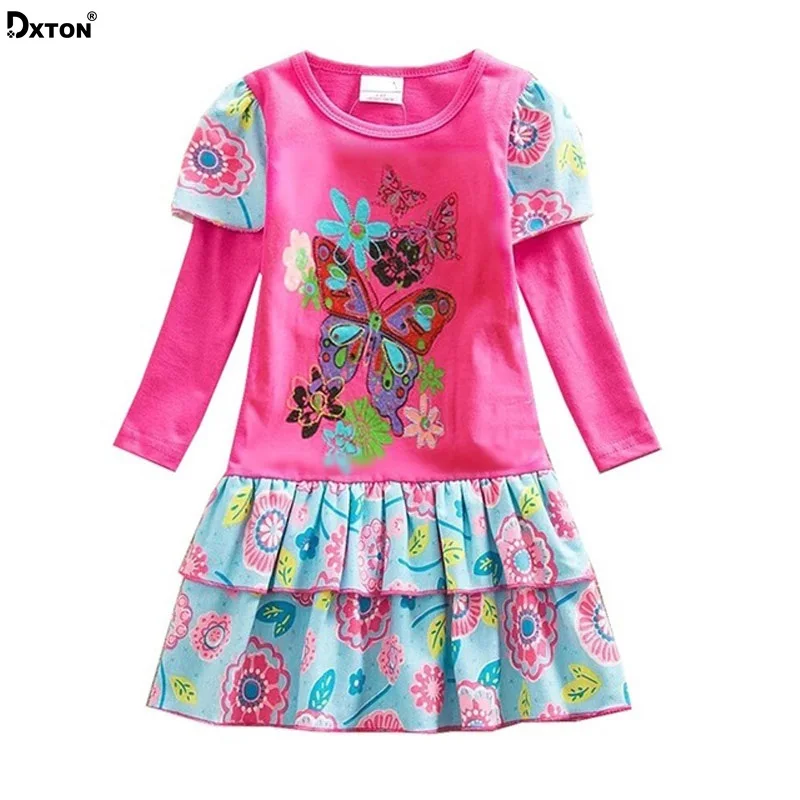 Dxton Dekleta Obleko Butterfly Princess Oblačenja Cvetlični Appliques Dekle Oblačila z Dolgimi Rokavi Fille Haljo Mozaik Otroci Obleko za Deklice