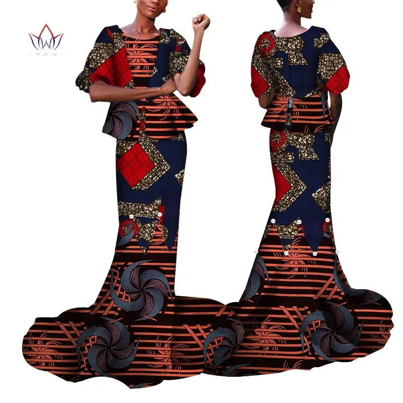 Bintarealwax Vestidos Bazin Dolgo Sirena Obleko Draped Mozaik Afriške Tiskanja Obleke za Ženske Afriške Ankara Oblačila wy4435