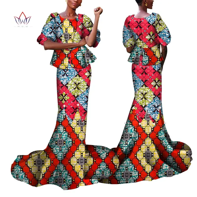 Bintarealwax Vestidos Bazin Dolgo Sirena Obleko Draped Mozaik Afriške Tiskanja Obleke za Ženske Afriške Ankara Oblačila wy4435