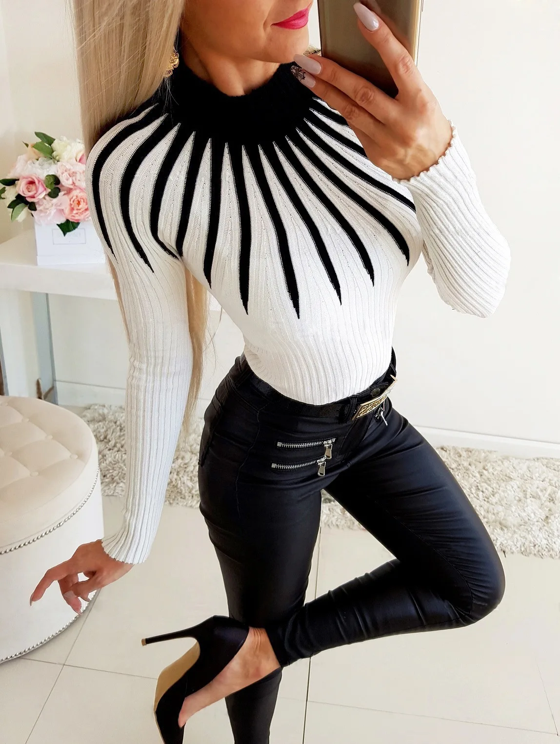 Moda Bodycon Črno Bel Pulover Ženske 2021 Jeseni, Pozimi Barvno Ujemanje Pletenje Ženski Turleneck Dolg Rokav Seksi Pulover