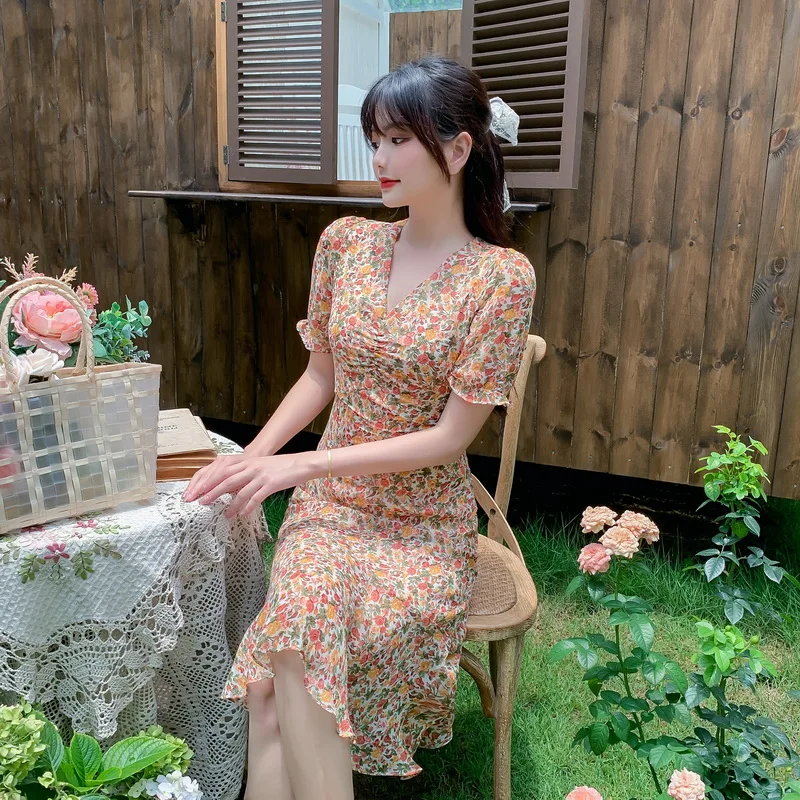 Ženske Midi Letnik Šifon Cvetlični Obleko Poletje 2020 Vzletno-Pristajalne Steze Elegantno Korejska Stranka Zaviti Obleko Boho Retro Priložnostne Obleke Počitnice